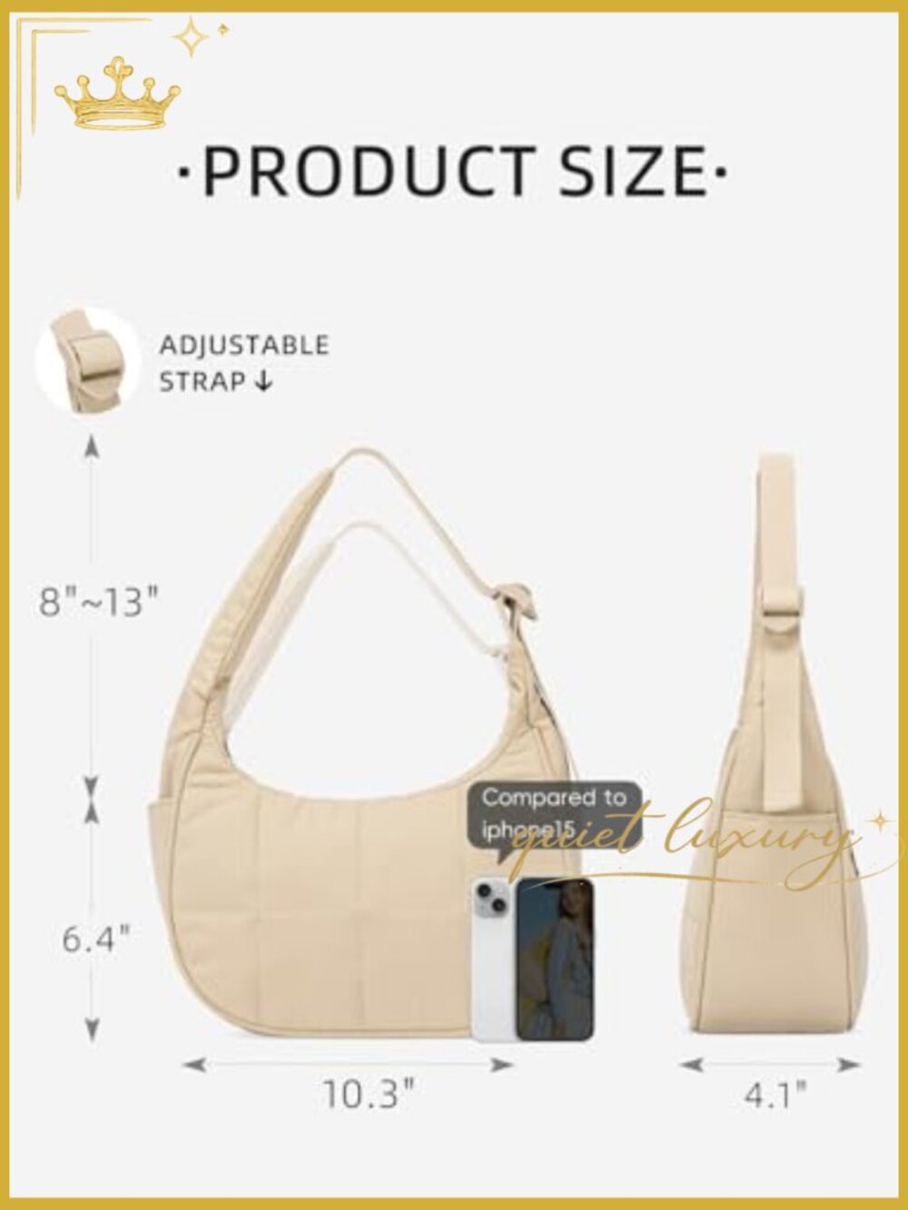 Small Puffer Crescent Shoulder Bag Nylon Quilted Purse Adjustable Strap - Picture 3 of 7